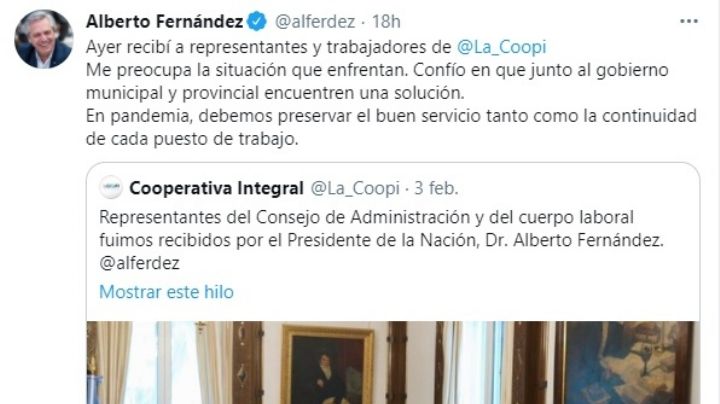 ¿Qué dijo Alberto Fernández sobre el conflicto entre el municipio y la Coopi?